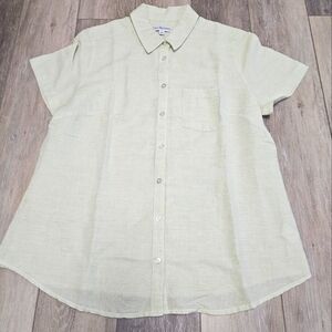 Kim Rogers Linen Blend Short Sleeve Button Up Shirt Blouse Green Women's Large